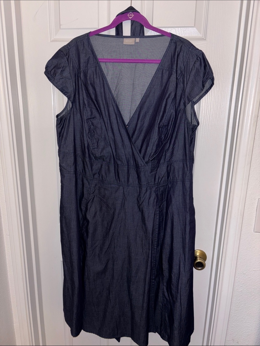 eshakti Navy Blue Wrap-Style Cap Sleeve Midi Dress